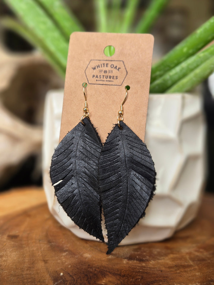 Leather Earrings Black - Feather