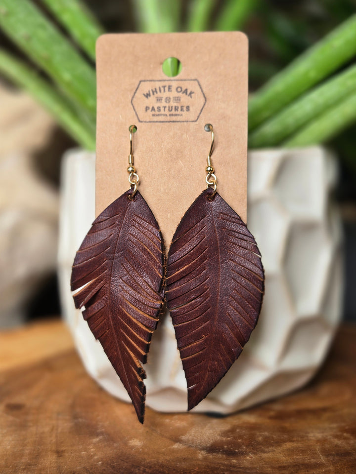 Leather Earrings Brown - Feather