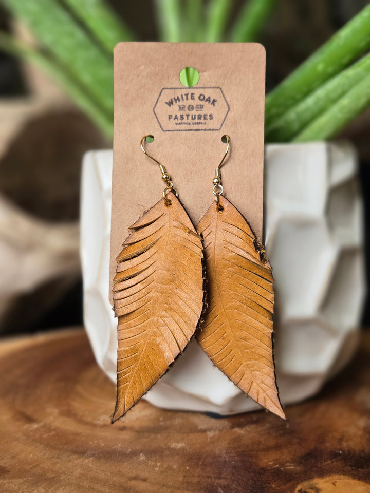Leather Earrings Tan - Feather